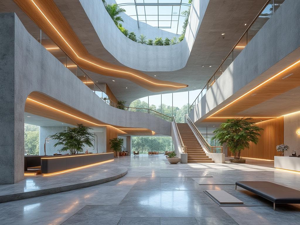 Moderno vestíbulo de edificio con escalera central, techo de cristal y plantas decorativas.