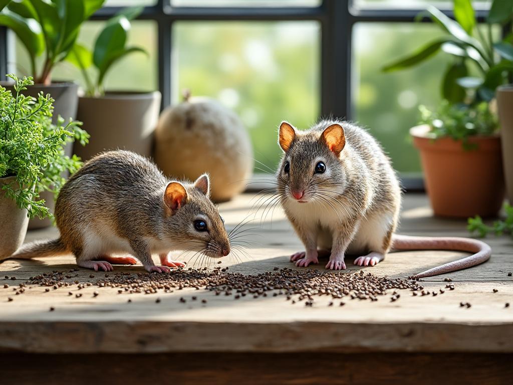 Dos ratones sobre una mesa de madera, rodeados de plantas en macetas, mientras comen semillas esparcidas. Dos ratones sobre una mesa de madera, rodeados de plantas en macetas, mientras comen semillas esparcidas.