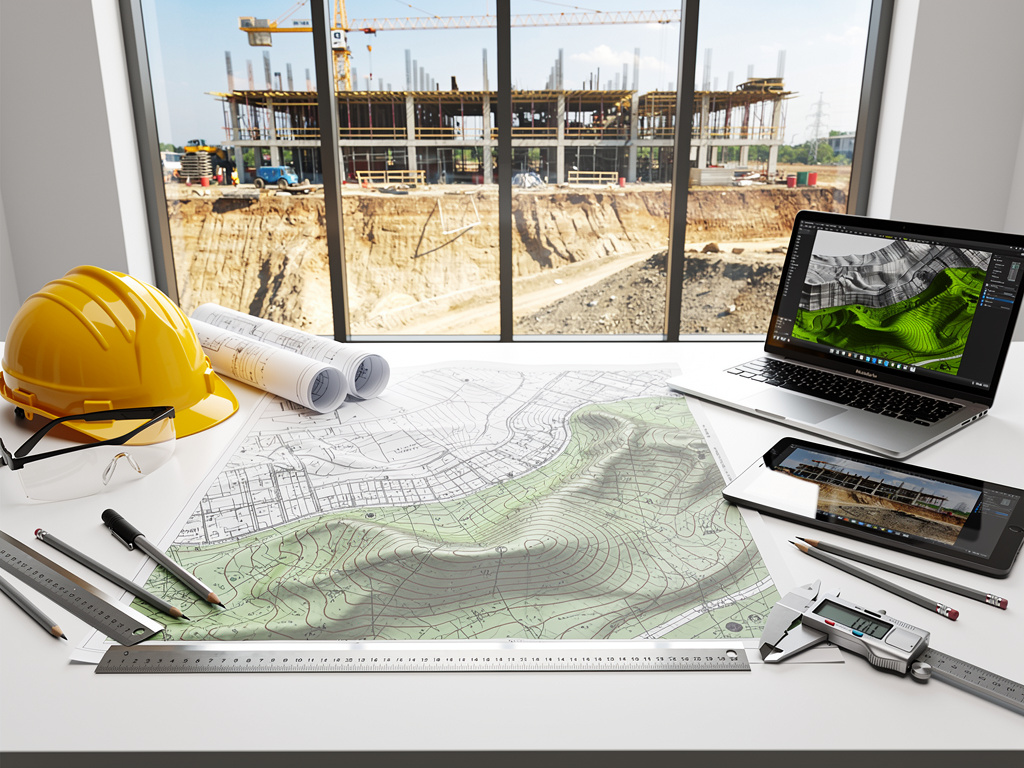 Mesa de ingeniería con planos topográficos, casco de seguridad, herramientas y laptop frente a una obra en construcción