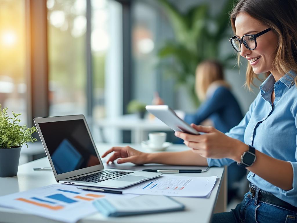 Mujer sonriente con gafas trabajando en una oficina moderna, usando laptop y tableta.