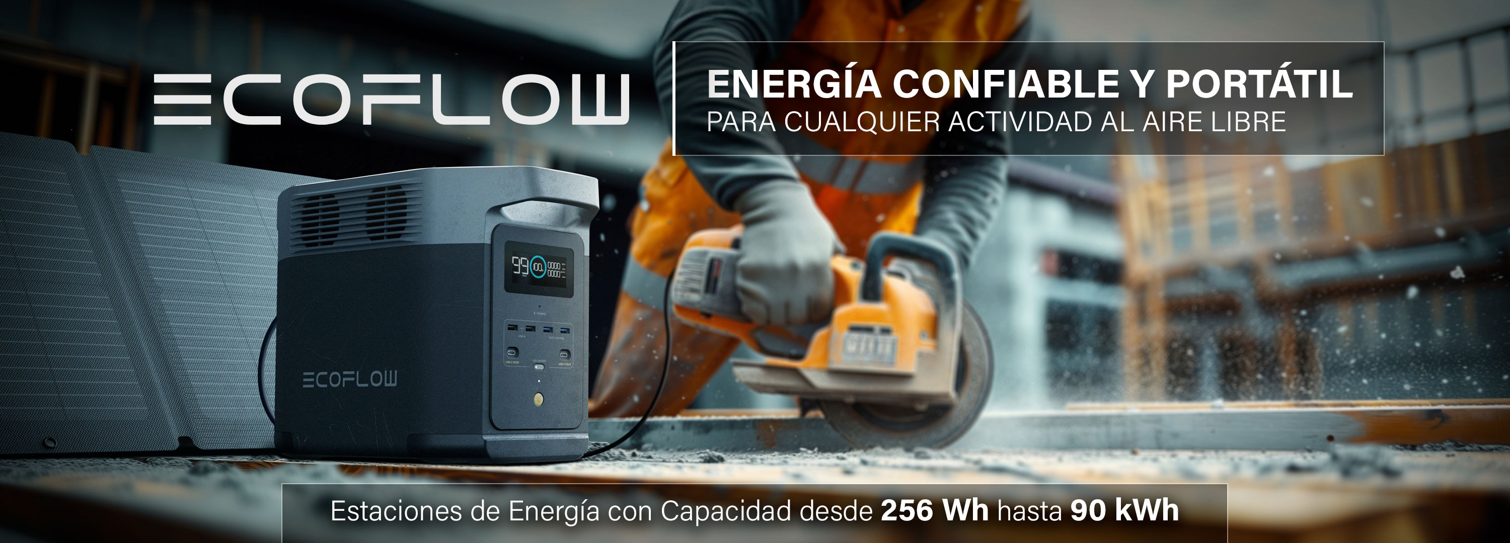 Estación de energía portátil EcoFlow y trabajador usando sierra circular.