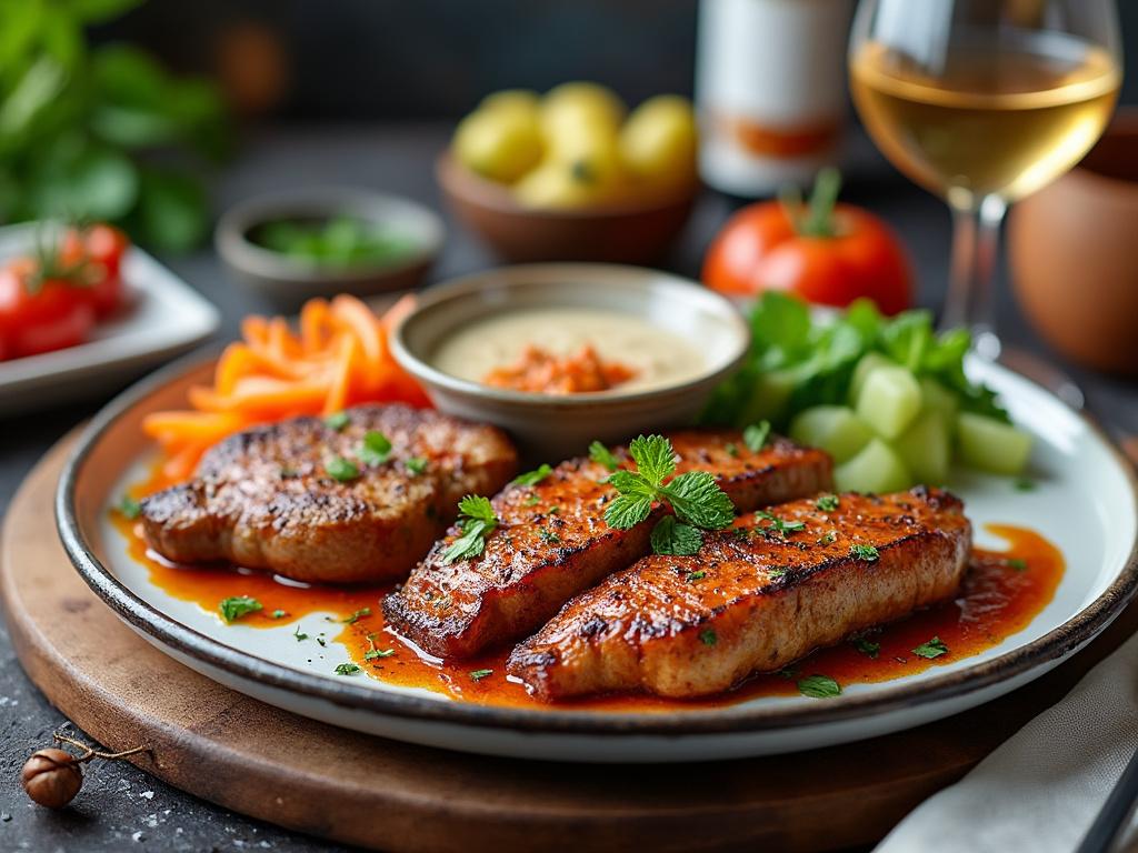 Plato de cerdo a la parrilla con verduras frescas y salsa, acompañado de vino blanco.
