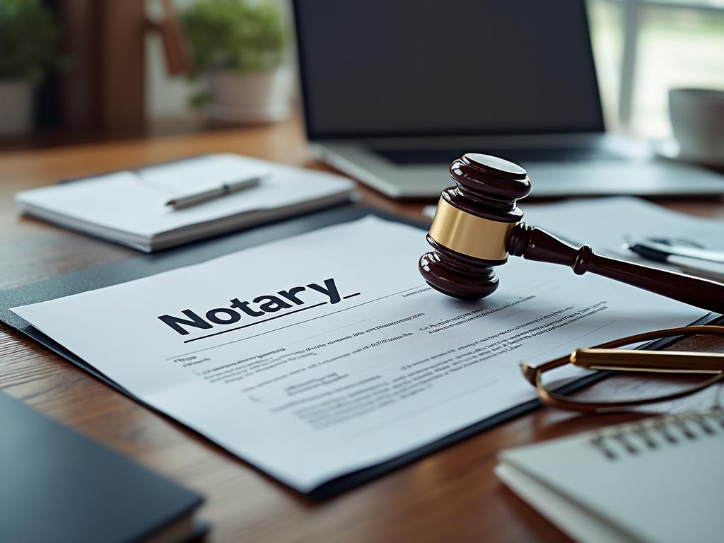 Documentos notariales con mazo de juez sobre escritorio de oficina, portátil al fondo.