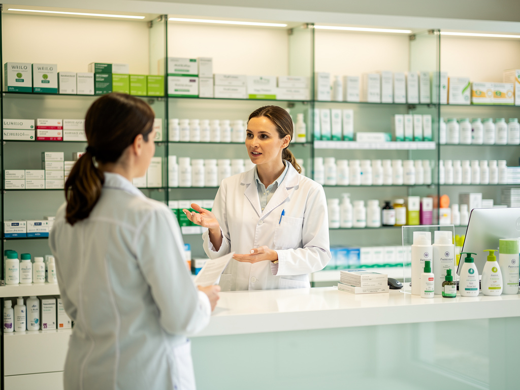 Farmacéuticas conversando en farmacia moderna con estantes de medicamentos y productos de cuidado personal
