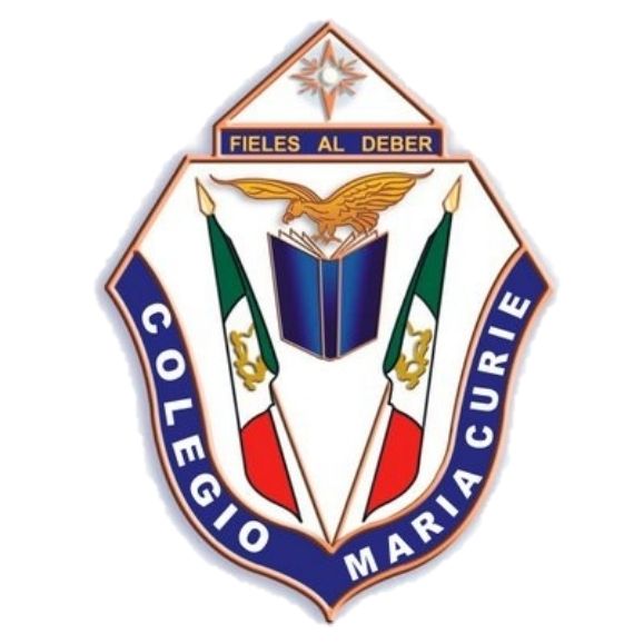 Escudo del Colegio María Curie con lema Fieles al Deber, águila, libro y banderas de México