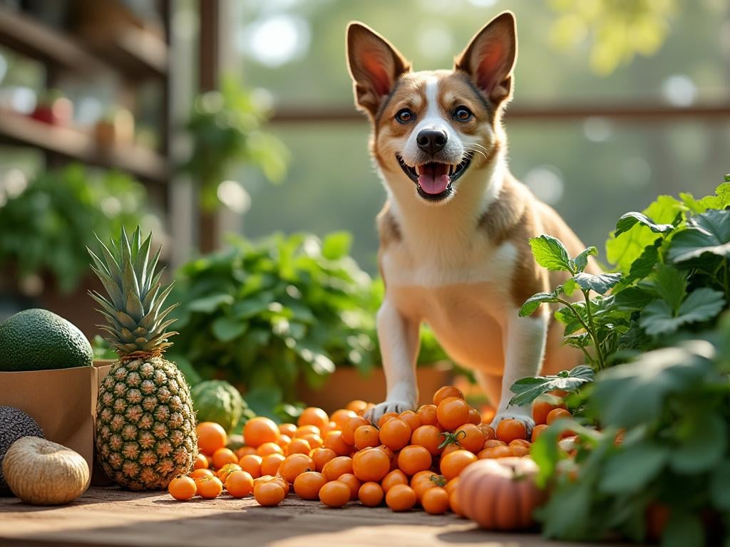 A happy dog standing amidst fresh fruits and vegetables, including tomatoes, pineapple, and leafy greens in a sunny indoor garden.