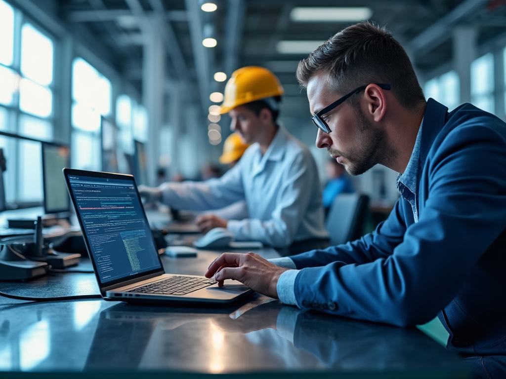 Hombre con gafas trabajando en una computadora portátil en oficina moderna, con compañero al fondo usando casco de seguridad.