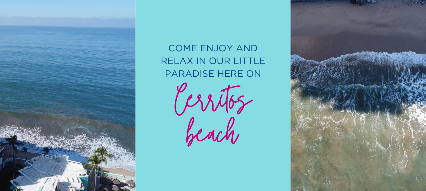 Aerial ocean waves and beachfront with text inviting visitors to relax at Cerritos Beach paradise