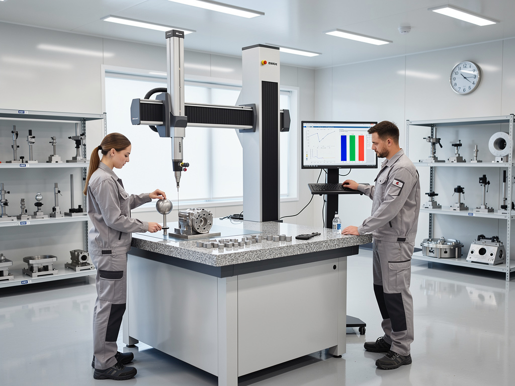 Técnicos en laboratorio de metrología usando máquina de medición por coordenadas para control de calidad industrial