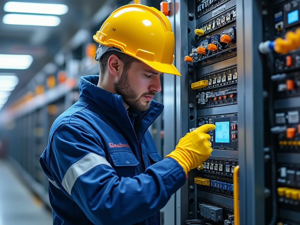 Técnico con casco y guantes revisando panel eléctrico en sala de servidores.