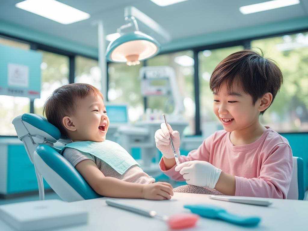 Dos niños jugando en una clínica dental, uno sentado en la silla del dentista y el otro sosteniendo un instrumento dental con guantes.
