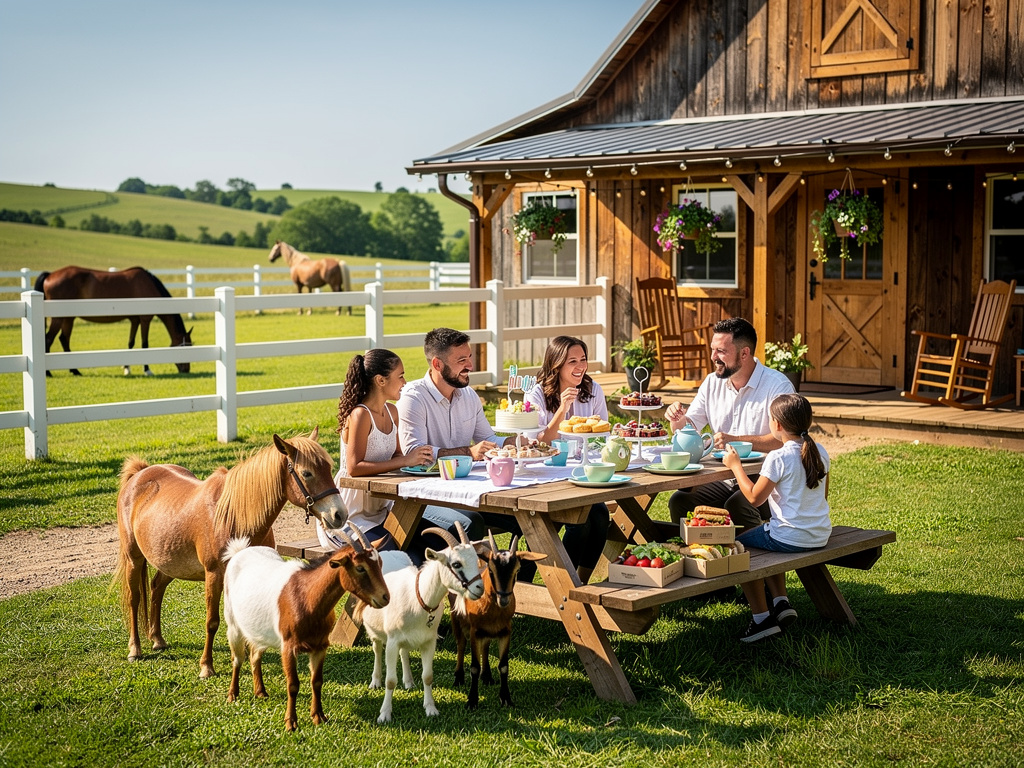 Family enjoying outdoor picnic at rustic barn farm with horses, goats, pony, and fresh produce