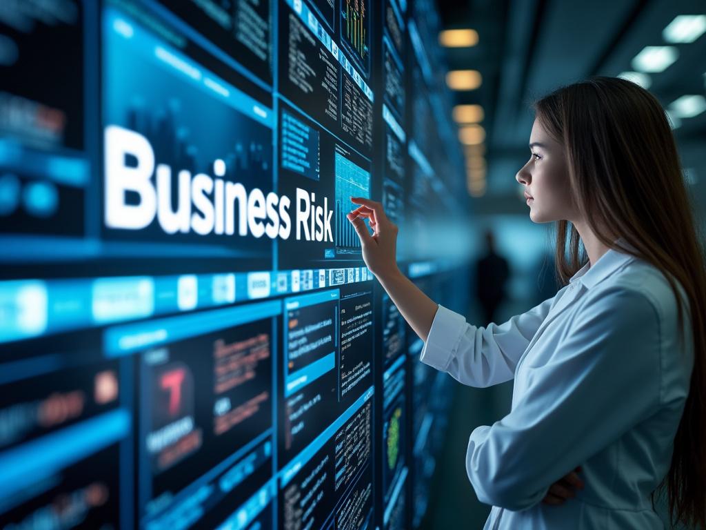 Mujer interactuando con una pantalla digital sobre riesgos empresariales en un ambiente de oficina moderna.