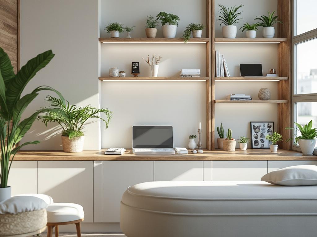 Oficina moderna y luminosa con plantas verdes, escritorio con ordenador portátil, estanterías de madera y decoración minimalista.