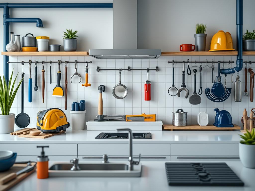 Cocina moderna con utensilios colgados, cascos de seguridad amarillos y plantas decorativas.