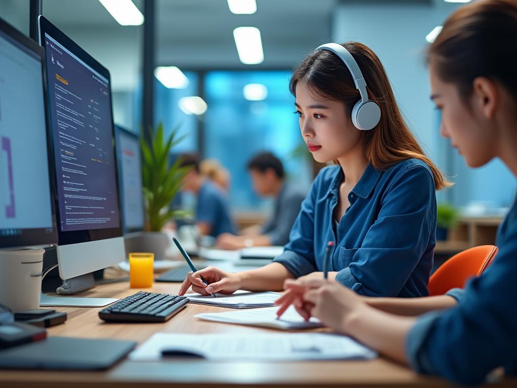 Mujer joven con auriculares trabajando en computadora en oficina moderna, junto a colega femenina.