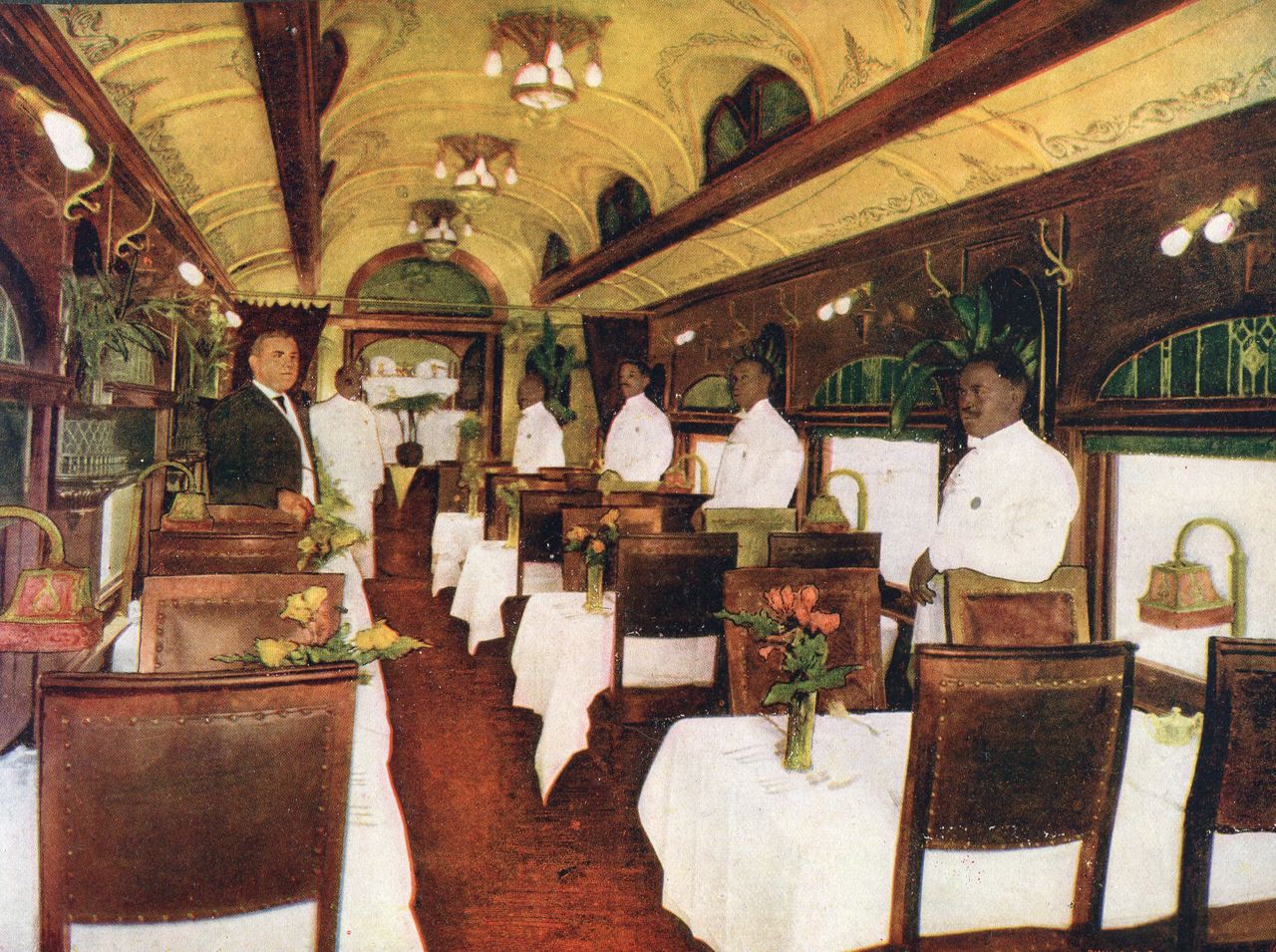 The luxurious interior of an Union Pacific Oregon Short Line dining car, circa 1910
