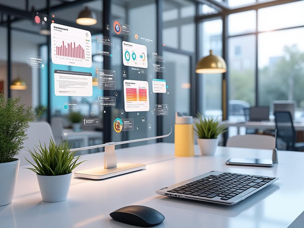 Oficina moderna con escritorio blanco, pantalla flotante mostrando gráficos y estadísticas, teclado, ratón, plantas y decoración minimalista. Oficina moderna con escritorio blanco, pantalla flotante mostrando gráficos y estadísticas, teclado, ratón, plantas y decoración minimalista.