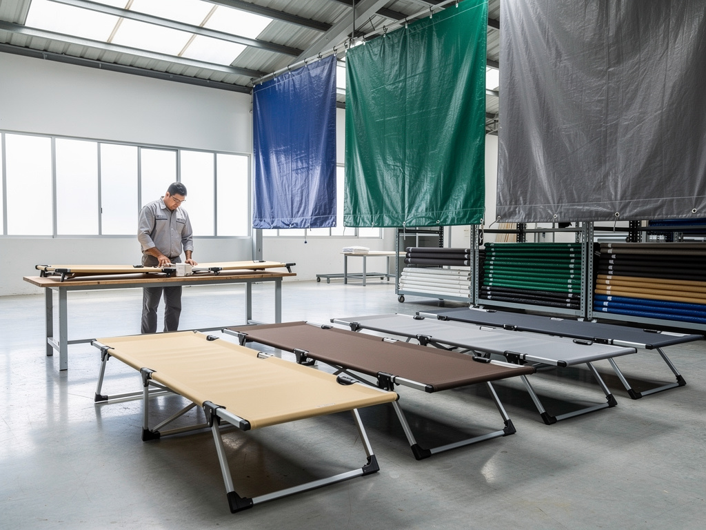 Taller de fabricación de camas plegables portátiles con operario y lonas industriales de colores