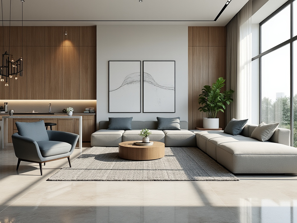 Modern minimalist living room with sectional sofa, armchair, wood paneling, large windows, indoor plant, and round coffee table