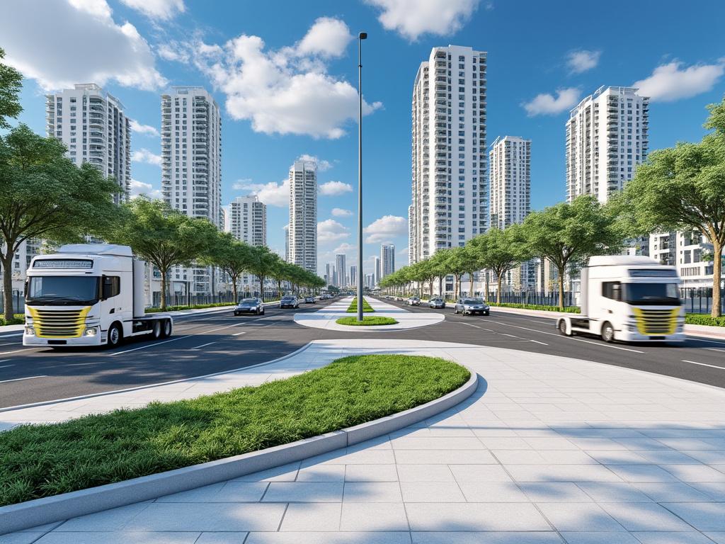 Avenida moderna con rascacielos, camiones y coches, rodeada de árboles y cielo azul.