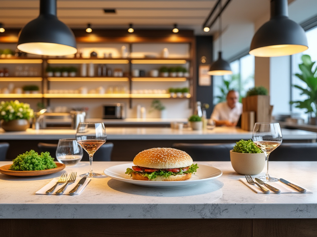 Hamburguesa gourmet en un plato blanco sobre una mesa elegante, rodeada de copas de vino y vegetación en un restaurante moderno.