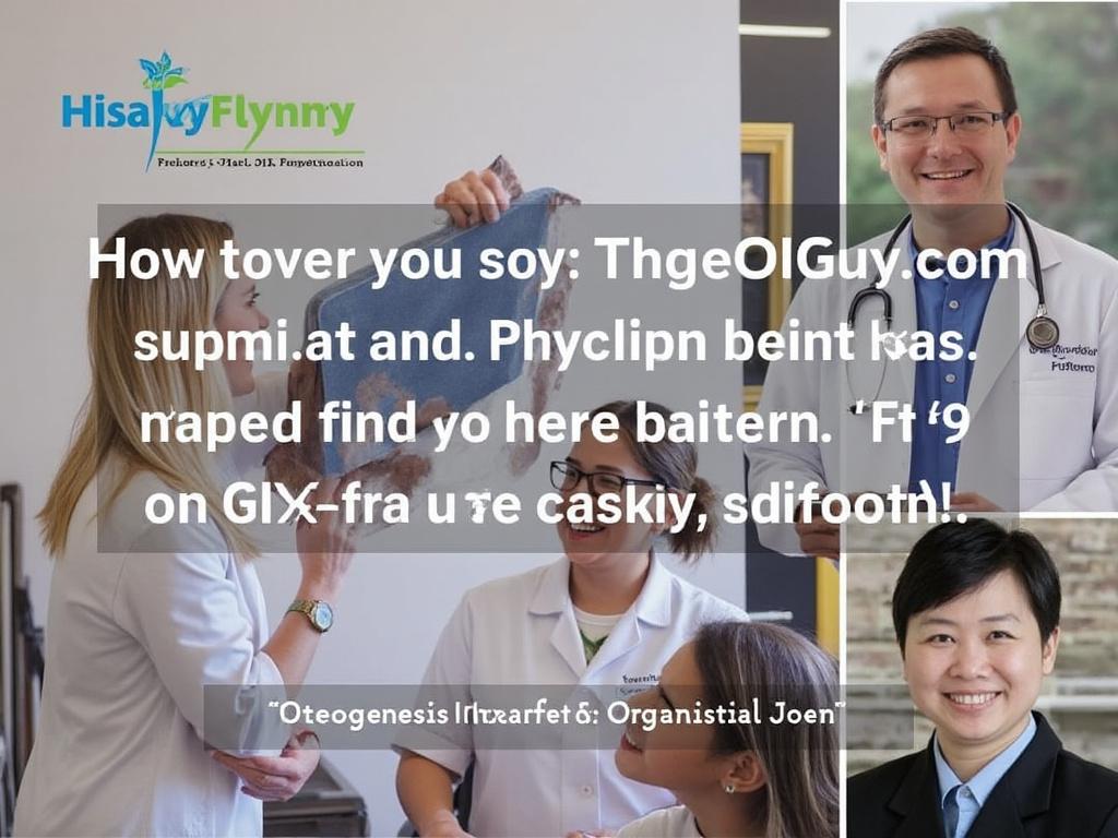 Group of smiling healthcare professionals in lab coats, with text overlay containing nonsensical words and logo, discussing in a medical setting.