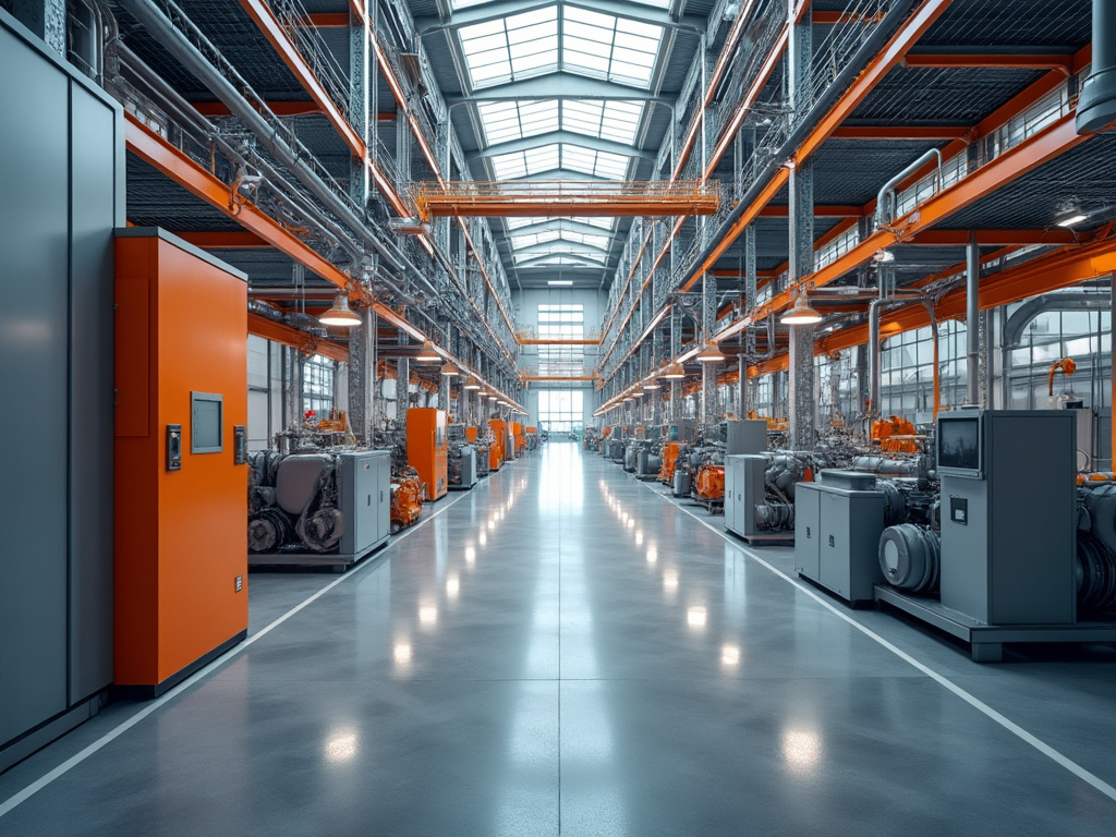 Interior de fábrica moderna con maquinaria industrial, tuberías naranjas, puente grúa y suelo pulido iluminado por tragaluces