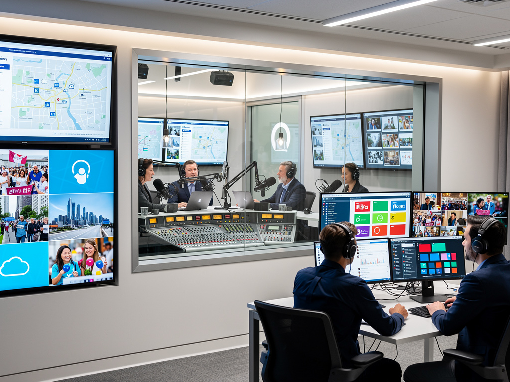 Estudio de radio y centro de control multimedia con locutores, micrófonos, pantallas de monitoreo y transmisión en vivo