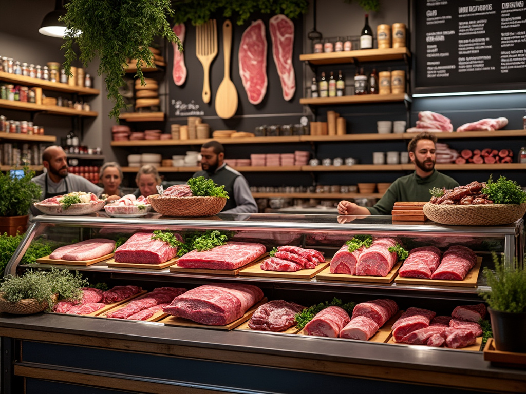 Carnicería moderna con variedad de cortes de carne en mostrador, decorada con plantas y estantes llenos de productos gourmet, atendida por varios empleados.