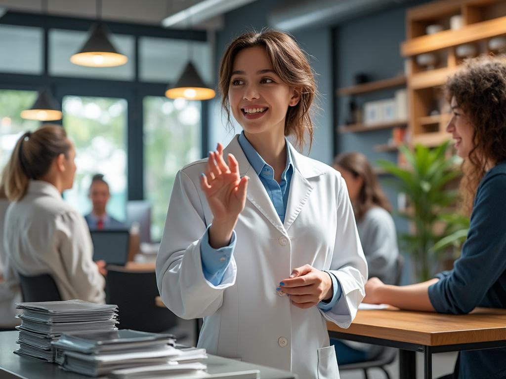 Smiling professional woman in a white coat standing in an office environment with colleagues, stacks of documents, and modern decor.