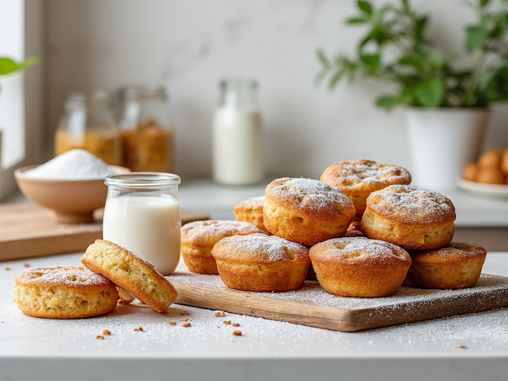 Deliciosos muffins caseros recién horneados espolvoreados con azúcar glas junto a un vaso de leche sobre una mesa de cocina.