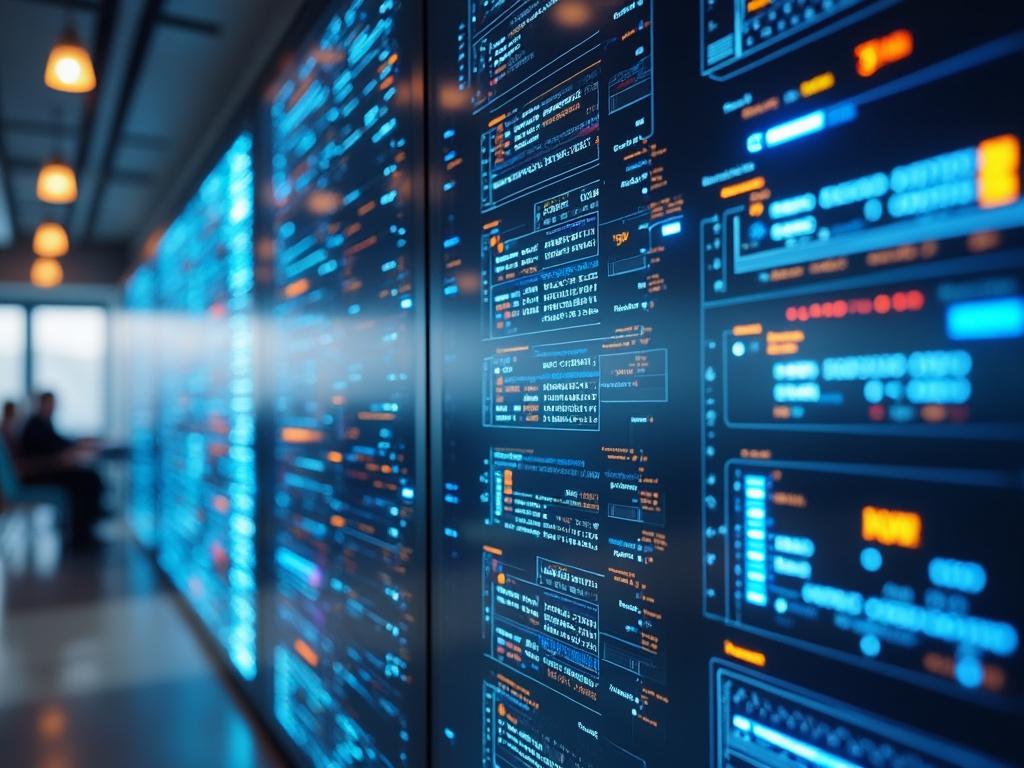 Modern data center with digital screens displaying complex data analytics and coding in a high-tech environment.