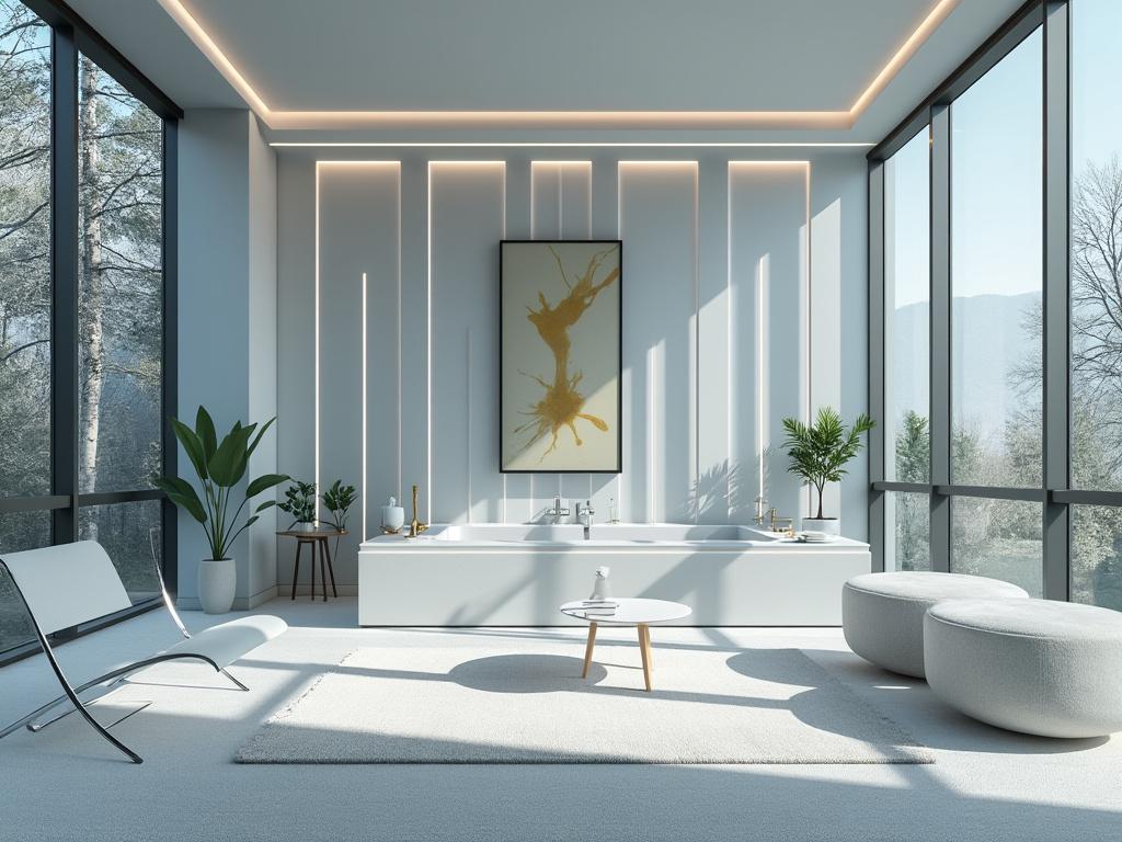 Modern minimalist bathroom with large windows, central bathtub, abstract art, and green plants.