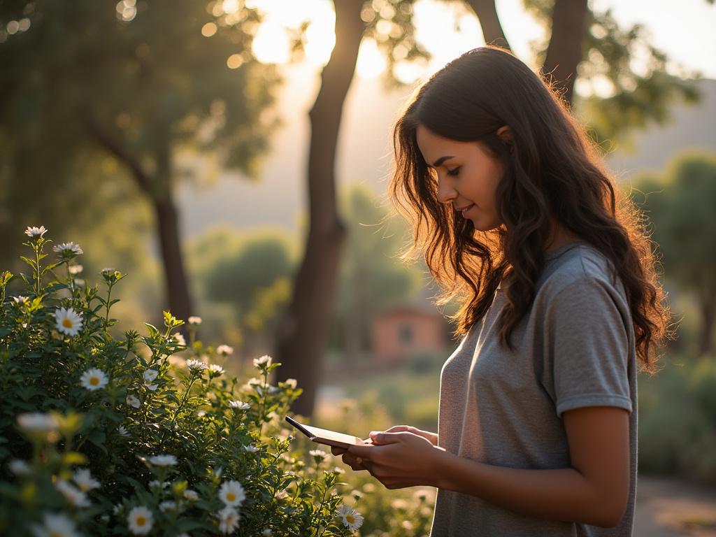 Woman in casual attire admiring flowers in a garden, holding a tablet, with soft sunlight filtering through trees in the background.