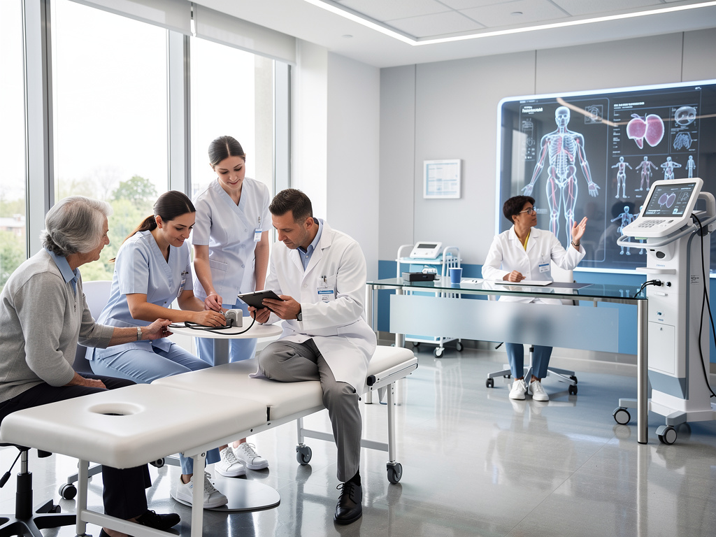 Equipo médico atendiendo a paciente mayor en clínica moderna con tecnología de diagnóstico digital