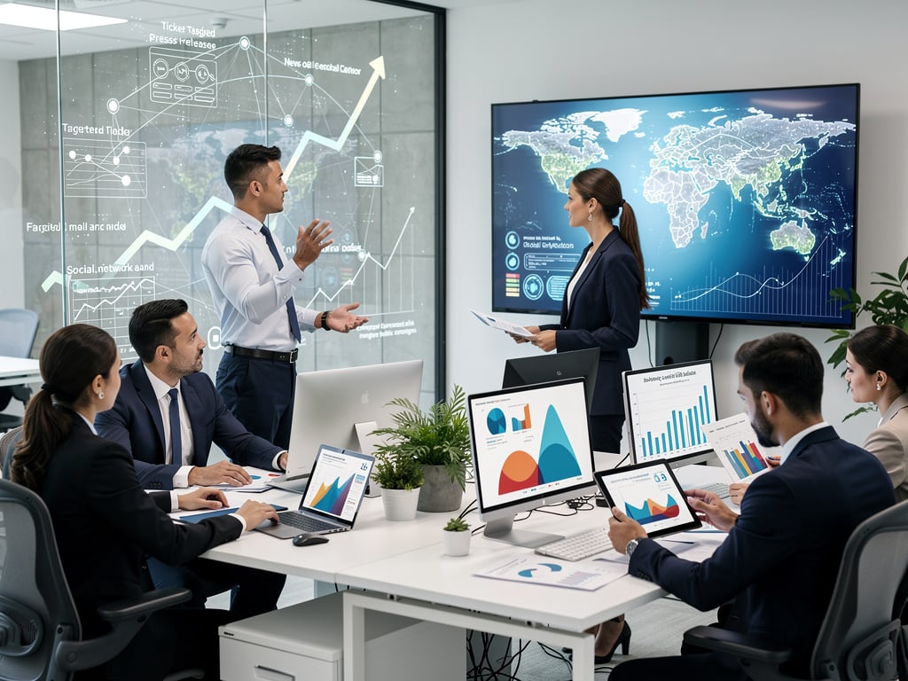 Business team meeting analyzing digital marketing data, global map, and growth charts on office screens