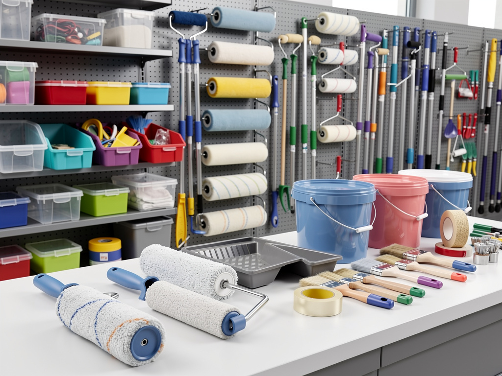 Tienda de suministros de pintura con rodillos, brochas, cubetas y herramientas organizadas en estanterías