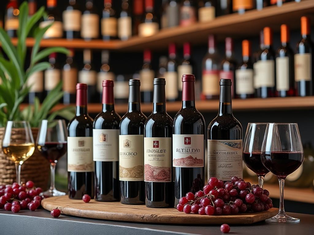 Botellas de vino tinto sobre una mesa de madera con copas de vino, uvas rojas y estanterías llenas de botellas en el fondo.