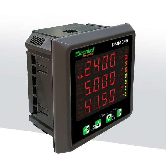 Medidor digital Econtrol DMM396 con pantalla de dígitos rojos mostrando mediciones eléctricas.