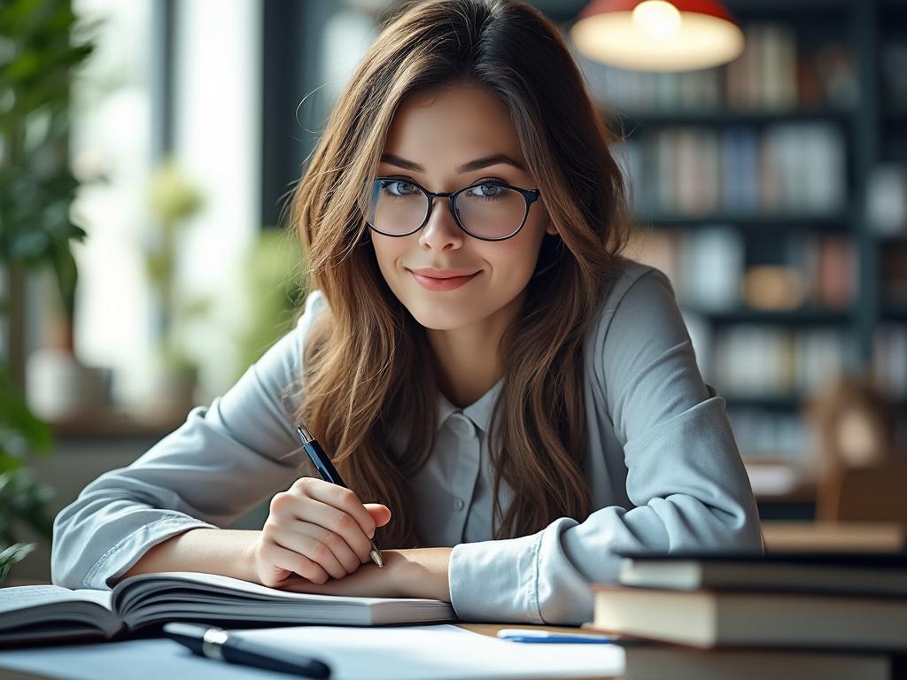 Woman with glasses writing in a notebook at a library, surrounded by books, smiling.