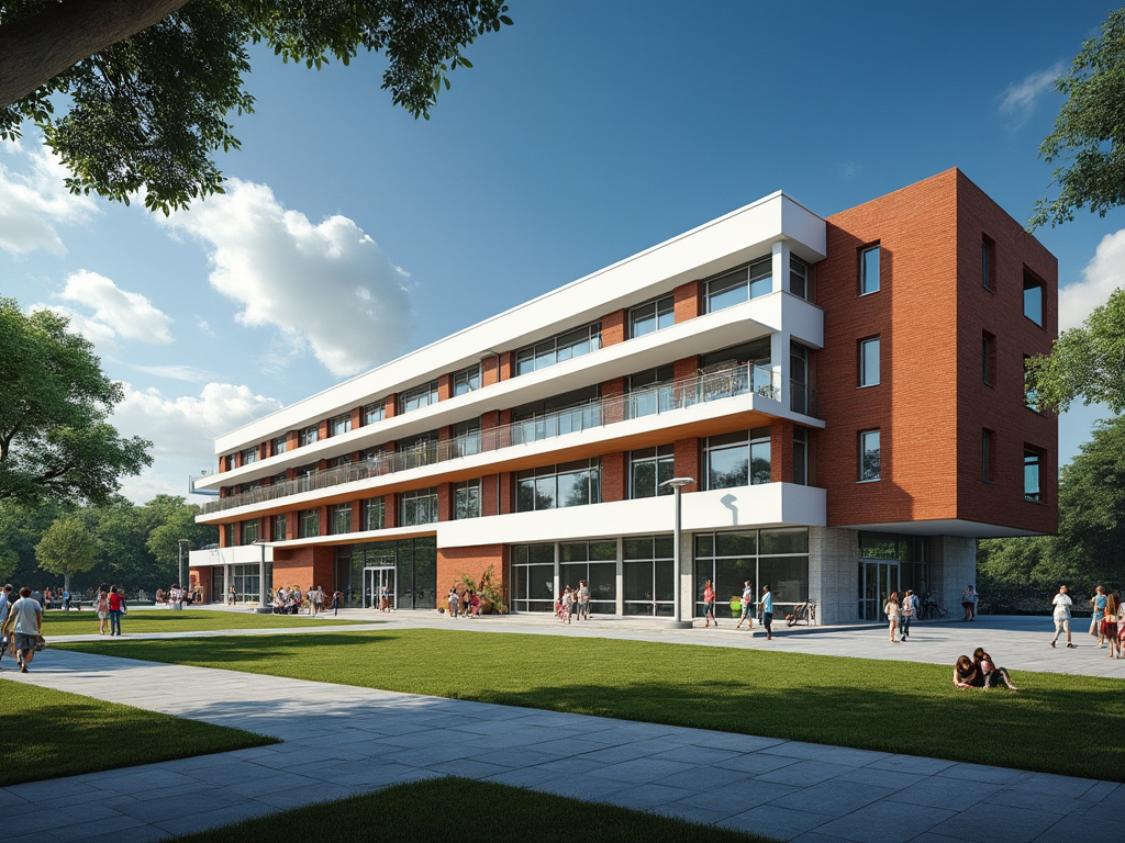 Edificio universitario moderno de ladrillo rojo con estudiantes en campus verde bajo cielo azul