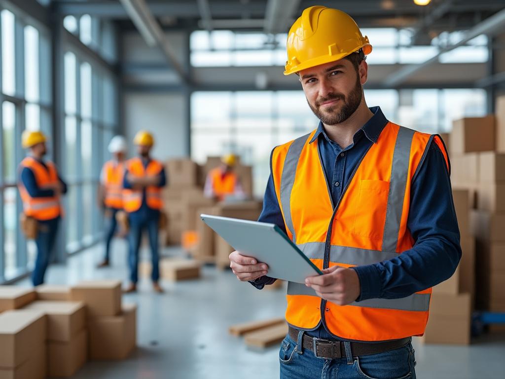 Hombre con casco y chaleco de seguridad sosteniendo una tableta en un almacén con cajas y otros trabajadores de fondo.