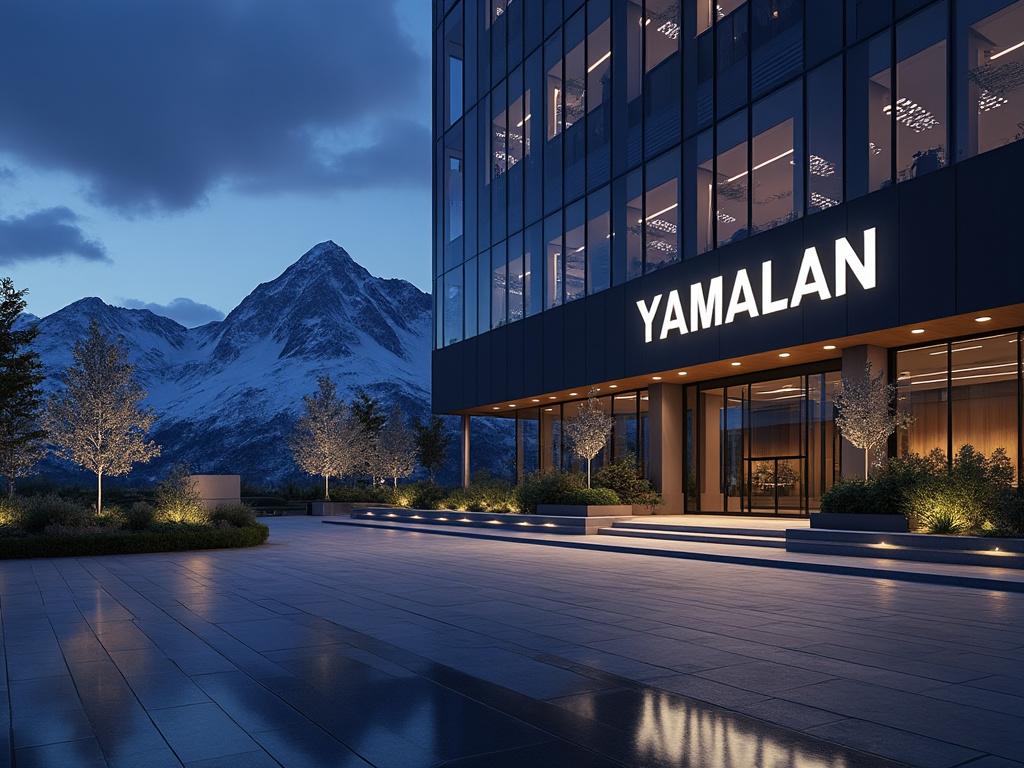 Edificio moderno iluminado por la noche con letrero 'Yamalan', paisaje de montañas nevadas de fondo.
