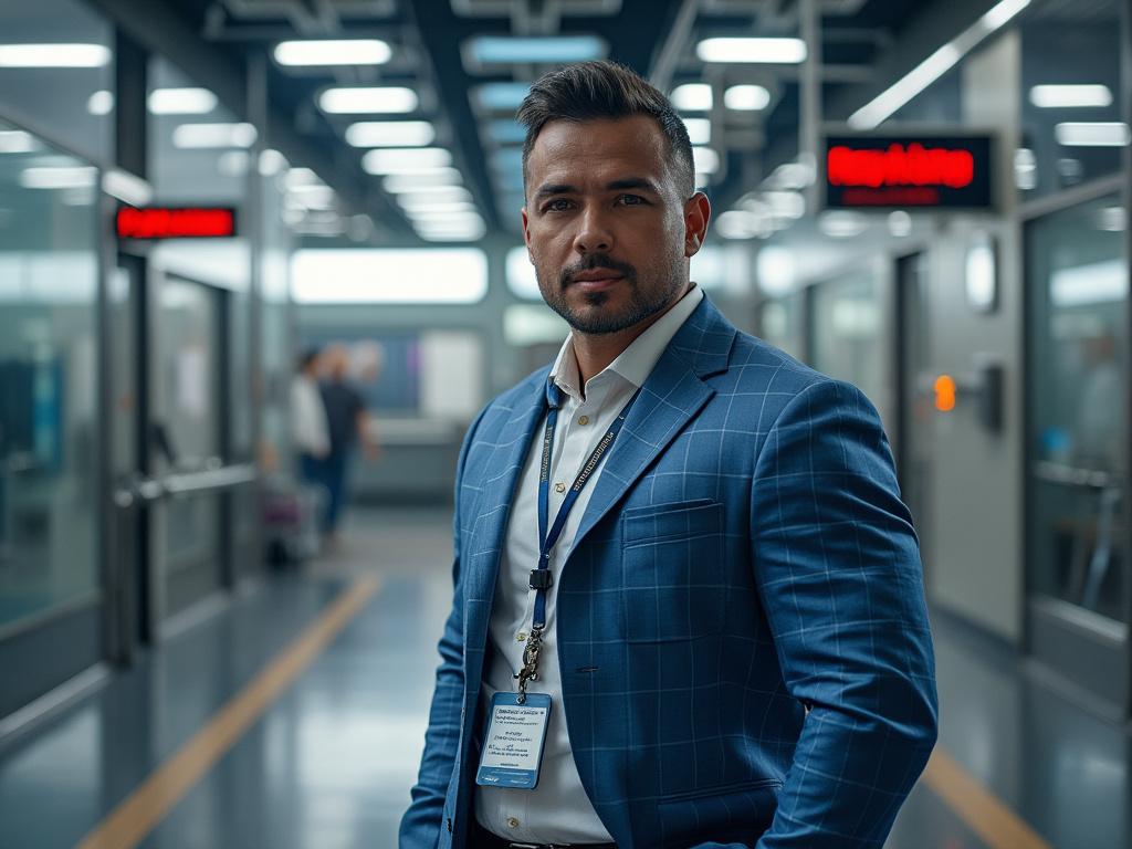 Hombre con traje azul en un pasillo moderno iluminado, usando una tarjeta de identificación.