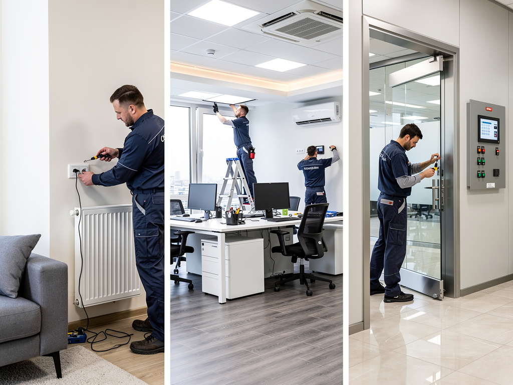 Técnicos instalando sistemas eléctricos, climatización y control de acceso en oficinas modernas