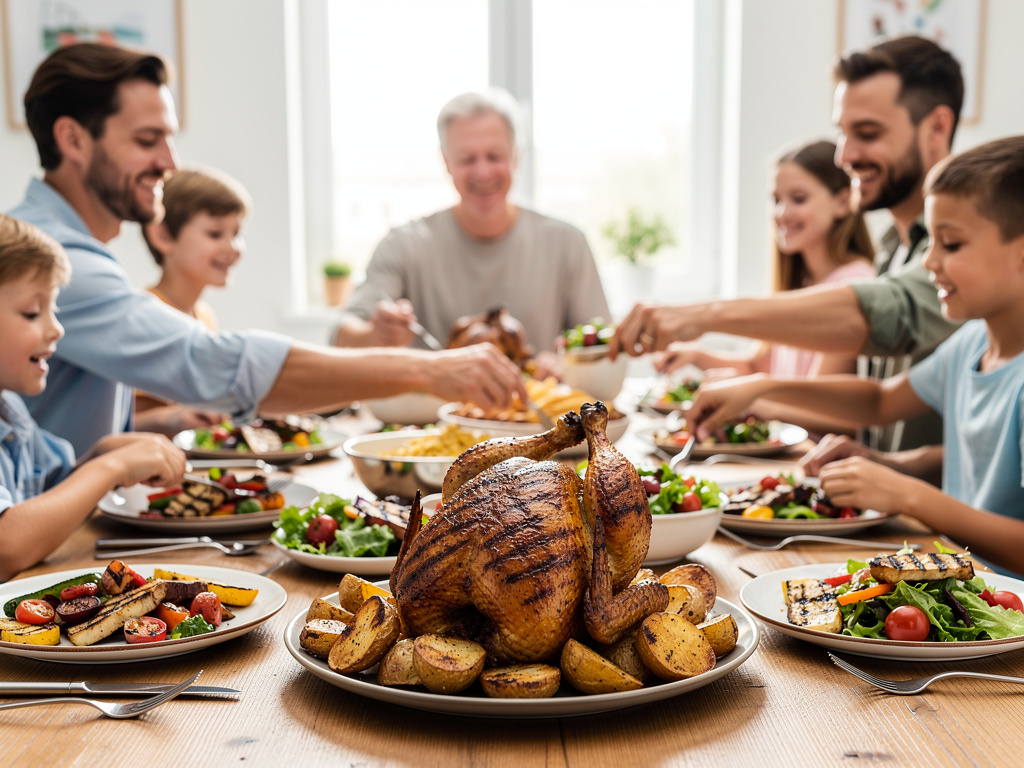 Familia reunida compartiendo cena con pollo asado, patatas y ensaladas en mesa de comedor