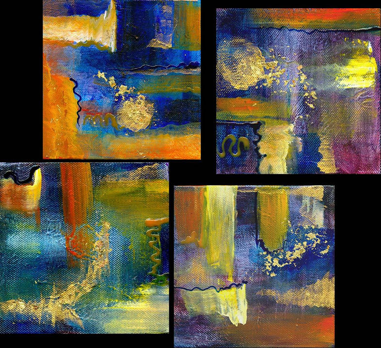 Four "Minis" on Gallery Canvas, Mixed Media, Each is 4"x4", ALL SOLD