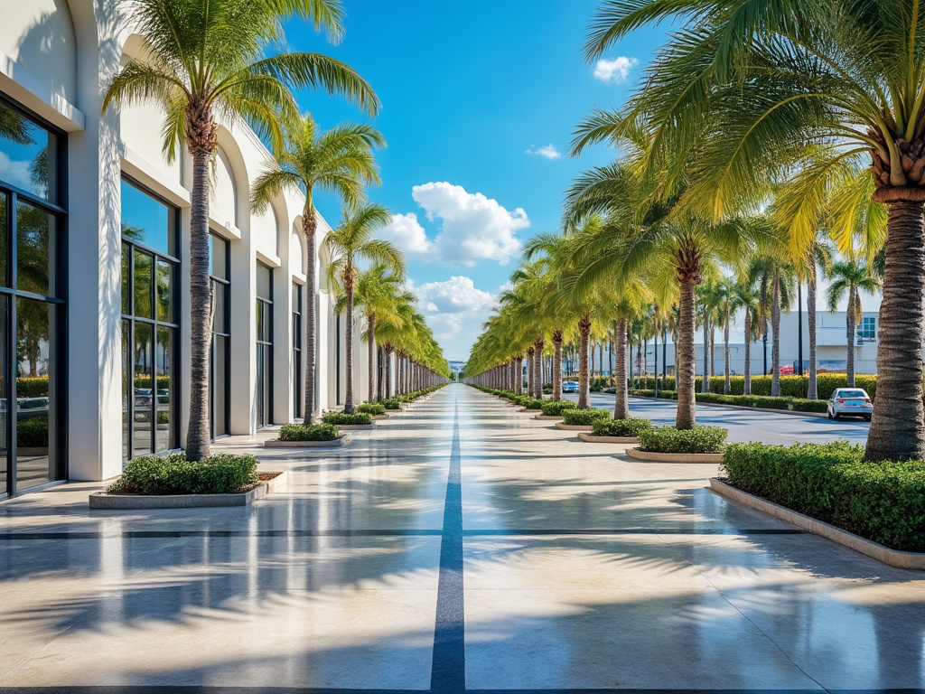 Paseo con palmeras alineadas, cielo azul despejado y modernos edificios a los lados