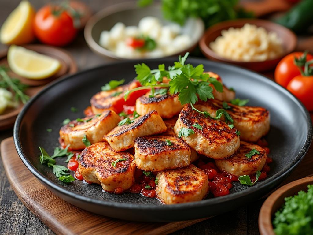 Plato de pollo asado con hierbas, acompañado de tomates y limón.